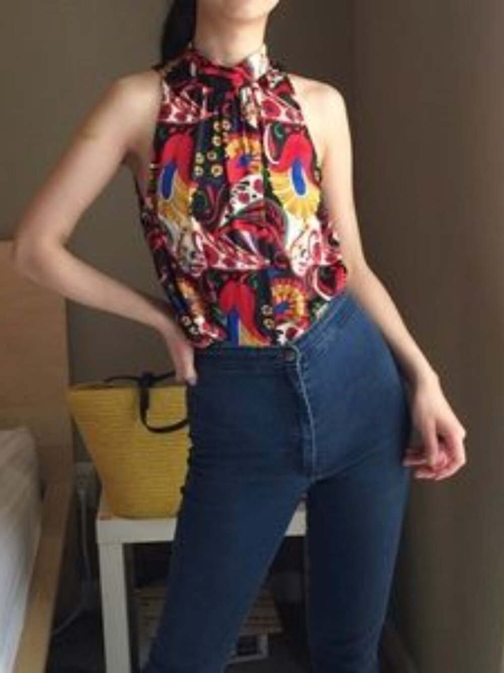 Multicolor Sleeveless, Medium High Collar Top